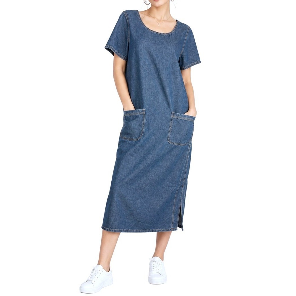 Erika & Co Denim Maxi Dress Women Small Blue Vintage Short Sleeve Shift Pocket